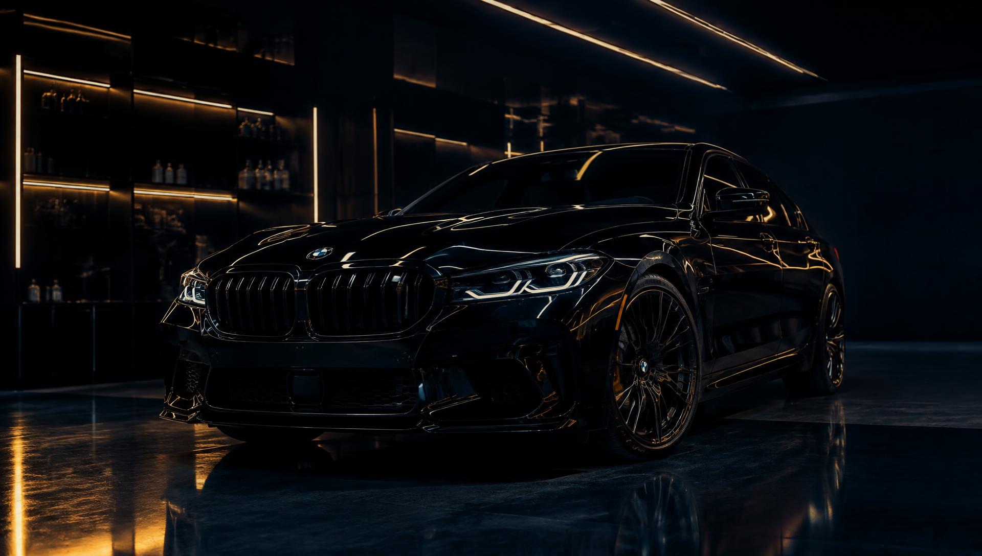 Black luxury saloon in a dark detailing studio